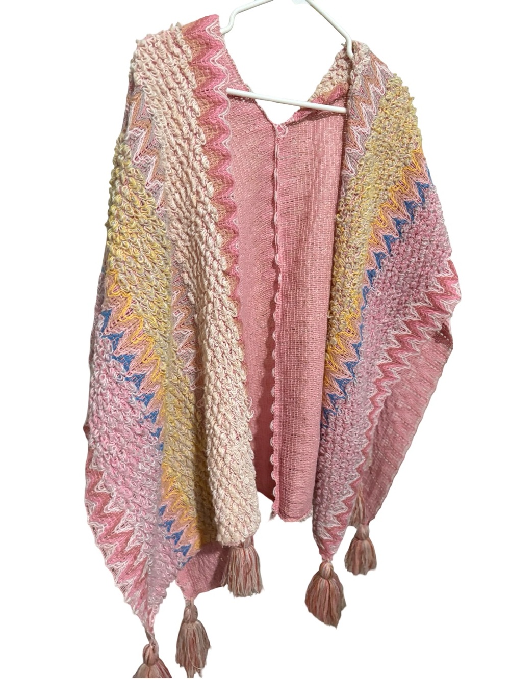 Pink Multicolor Tassel Knit Poncho Shrug